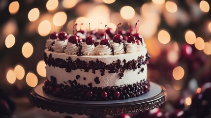 Black Forest Cake: a more realistic photo, with bokeh lights in the background, in a cinematic style.