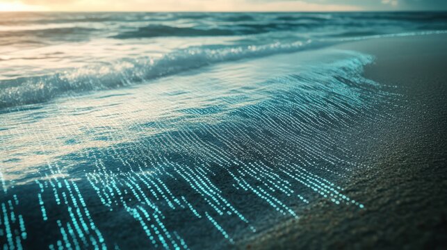 Ocean waves washing onto a sandy beach at sunset with overlaid digital lines