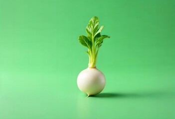Fresh White Turnip on Green Background: Healthy, Vibrant Vegetable Close-up for Food Blog, Recipes, and Culinary Websites. Minimalist Studio Shot of Organic Produce, Emphasizing Clean Eating and Nutri