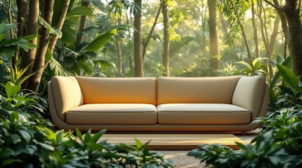A modern sofa/couch is placed in the middle of a jungle.