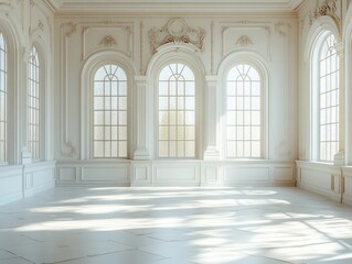 Obraz premium Bright Empty Room with White Walls Elegant Molding and Sunlight