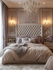 A luxurious bedroom with a tufted velvet headboard and a chandelier.