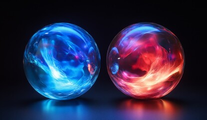 Two glowing orbs, one blue and one red, on a dark background.