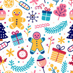 Naklejka premium Seamless Christmas pattern with gingerbread men, gifts, and winter elements.