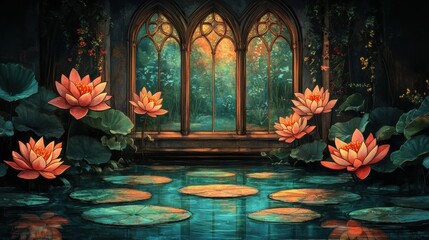 Obraz premium Enchanting Water Garden with Blooming Lotus Flowers and Gothic Arched Windows in a Mystical Forest Setting