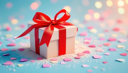Fototapeta premium Gift box with red bow on blue background with colorful heart confetti