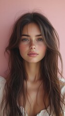 Surprised Girl with Long Hair in Pastel Background Capturing Emotion and Joy of Childhood Wonder