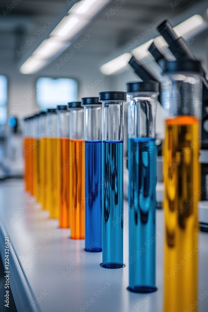 Poster row of test tubes with colorful liquid in a laboratory setting with microscopes in background