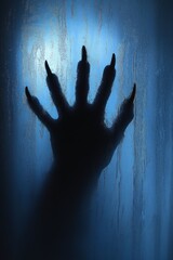 Haunting Shadow of Woman Behind Frosted Glass with Elongated Hands and Sharp Nails