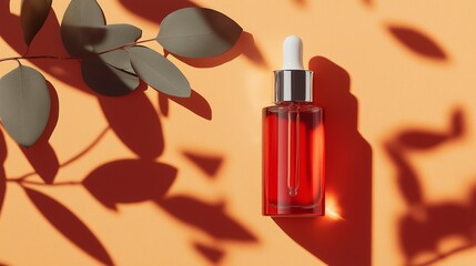 glass dropper bottle with silver lid, eucalyptus shadow, soft light, clean background. Minimalist elegance in natural simplicity.