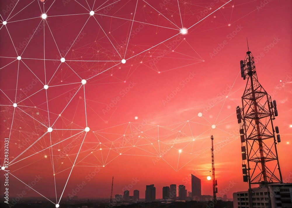 Poster abstract red plexus network: futuristic geometric background with dots and lines