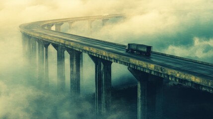Truck driving on high foggy bridge, mountains