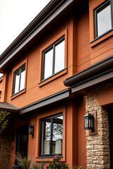 Modern House Exterior: Orange Brick Facade, Black Windows, and Contemporary Design