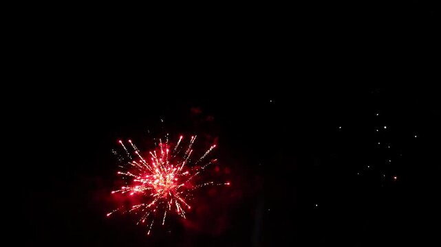 Brilliant burst of colorful fireworks illuminating the night sky, radiating golden and silver streaks with sparkling lights, creating a celebratory and festive atmosphere against the dark night sky