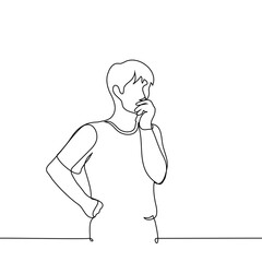 man standing thinking, hand on hip, other hand to mouth - one line art vector