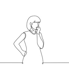 woman standing thinking, hand on hip, other hand to mouth - one line art vector