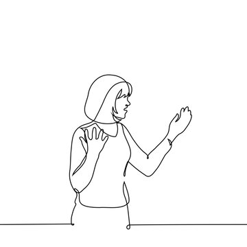 recommend clip art: woman standing indignant or shocked with open mouth and raised hands - one line art vector