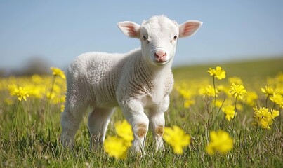 Obraz premium Lamb in yellow flower field, spring farm scene, ideal for Easter or nature projects