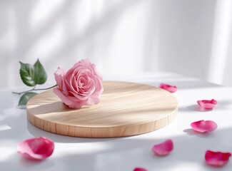 A wooden podium with a pink rose and petals on a white background, for product presentation. This is a mockup space for the display of beauty products