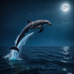 Obraz premium A dolphin leaping through glowing green waves under a stormy sky.