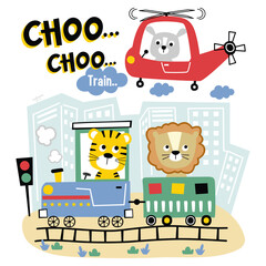 Cartoon animals traveling by train and helicopter in city background. Kids illustration concept
