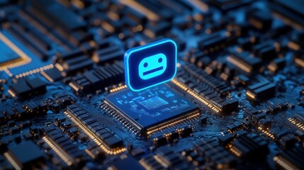 Blue chatbot icon floating above an abstract computer chip, language learning, language training