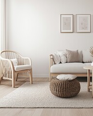 Modern living room with sofa, armchair, and stylish decor