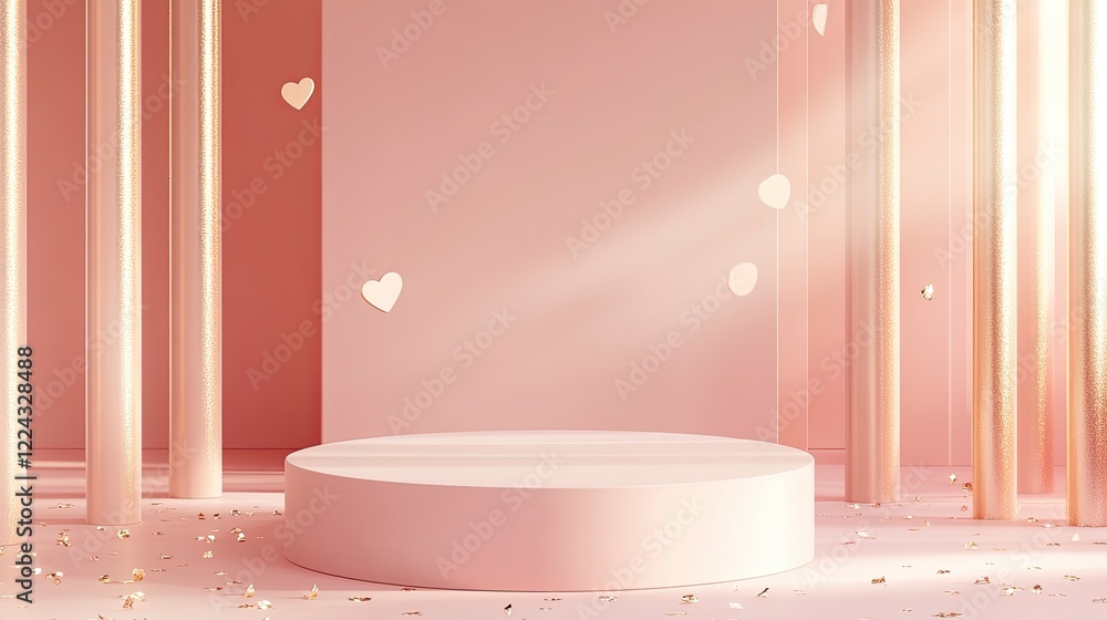 Poster abstract background for product presentation with a heart shape and an empty podium, in a pink color