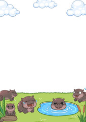 Frame of cute pygmy hippo cartoon illustration