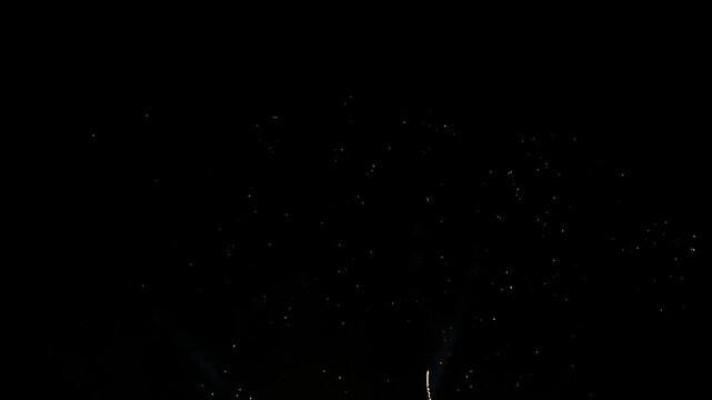 Brilliant burst of colorful fireworks illuminating the night sky, radiating golden and silver streaks with sparkling lights, creating a celebratory and festive atmosphere against the dark night sky