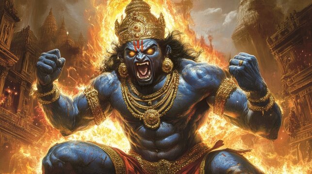 Powerful artistic depiction of lord Shani dev in a fierce pose, radiating strength, devotion with fire