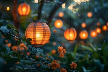 Fototapeta premium A glowing lantern hangs in a tropical forest, surrounded by lush green leaves and warm orange lights. AI generative. .