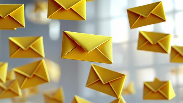 A dynamic scene of floating yellow envelopes in bright, airy space.