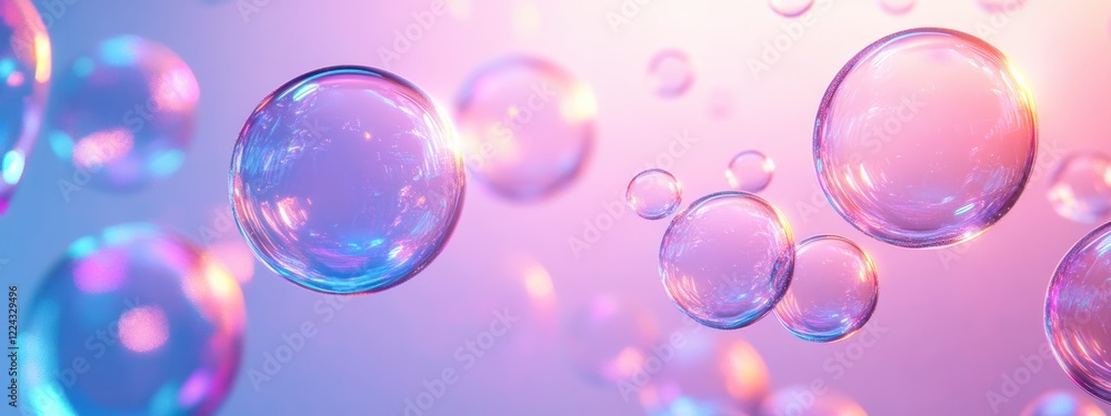 Poster 3d render of iridescent soap bubbles in abstract pink and blue background with soft light and smooth