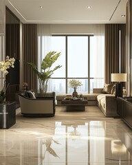Fototapeta premium Modern living room with sofa, armchair, and stylish decor