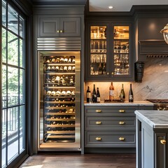 A luxury kitchen with a wine fridge, brass fixtures, and glass-fronted cabinets.