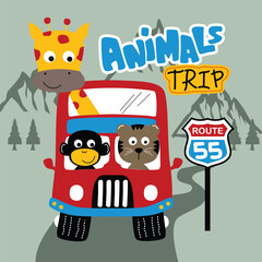Cartoon animals riding red bus on scenic route with mountains and trees. Road trip concept
