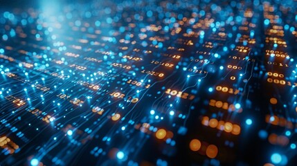 Abstract blue and orange lights with numbers on dark background. AI generative. .