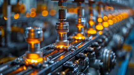 Close-up of glowing metal parts on an industrial machine. AI generative. .