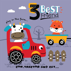 Cartoon cow and cat riding tractor in farm setting with fences. Friendship on the farm concept
