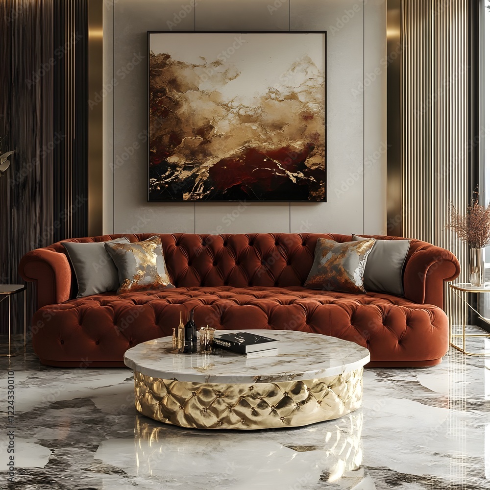 Wall mural A luxury living room with a velvet sofa, marble accents, and a gold coffee table.