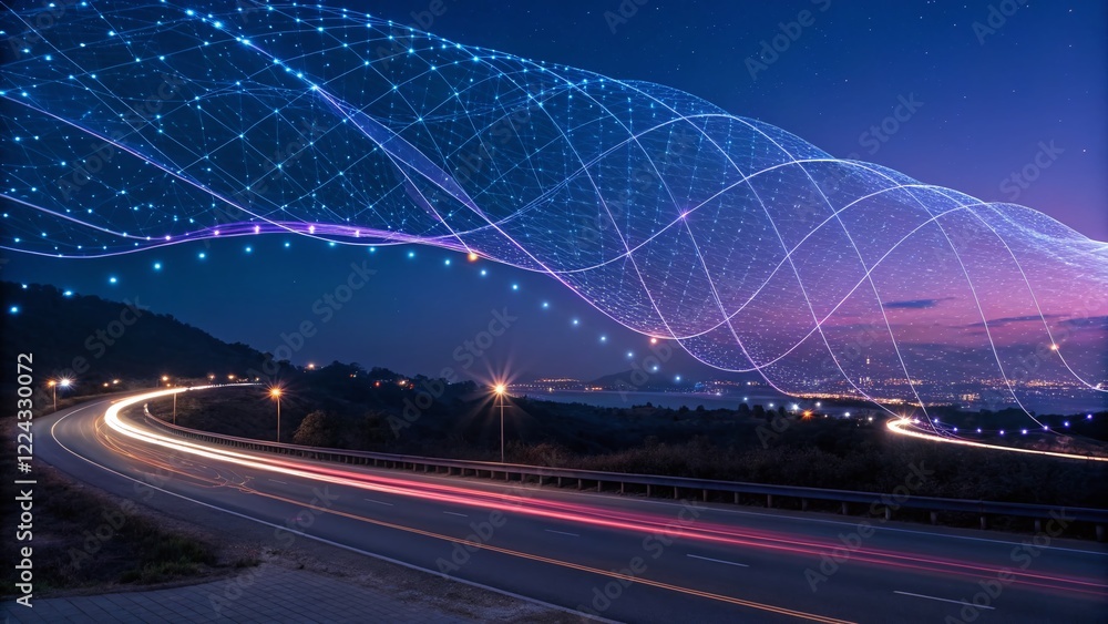 Poster abstract wave network connection: long exposure dots & lines background for website banner