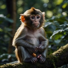 A young monkey sits on a mossy branch, holding a small piece of food.