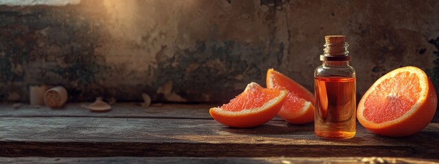 Essential oil of grapefruit on a wet background, Generative AI,