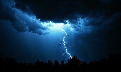 Lightning strike illuminates dark storm clouds over silhouetted trees at night