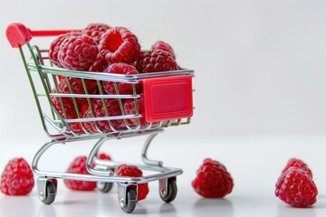 Fresh raspberries fill a small shopping cart, evoking the idea of shopping for seasonal fruits...