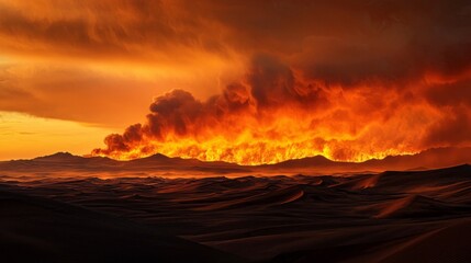 Under a breathtaking sunset, the desert landscape transforms as flames flicker and roar. The sky ignites with colors, casting a surreal glow over the scorched earth