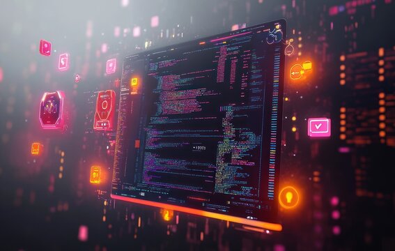 Futuristic Digital Illustration of Coding Windows with Vibrant Colors and Modern Aesthetic