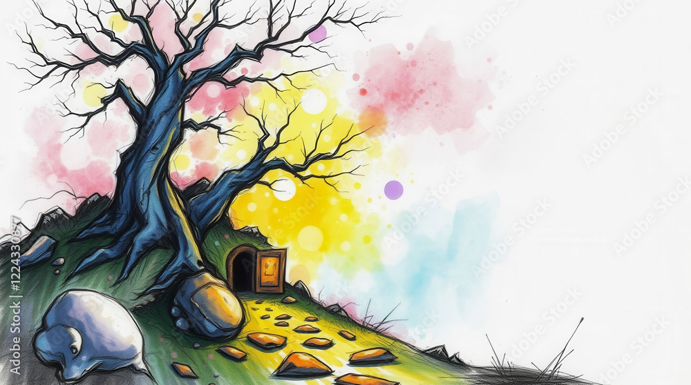Poster a drawing of a tree with a small house in front of it. the house is surrounded by rocks and there is