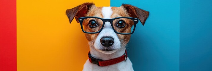 Dog wearing glasses with colorful background split into red yellow and blue sections